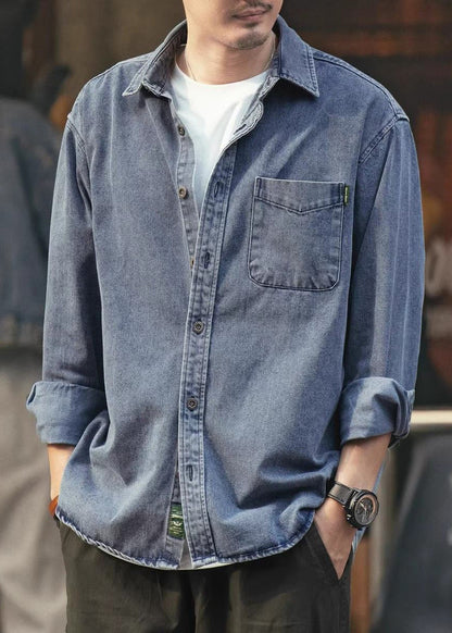 Simple Spring Men Denim Solid Button Pockets Shirts Black