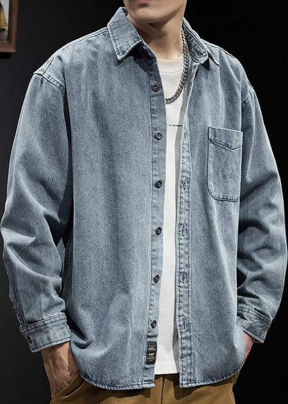 Simple Spring Men Denim Solid Button Pockets Shirts Black
