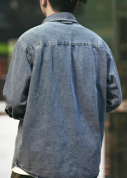 Simple Spring Men Denim Solid Button Pockets Shirts Black