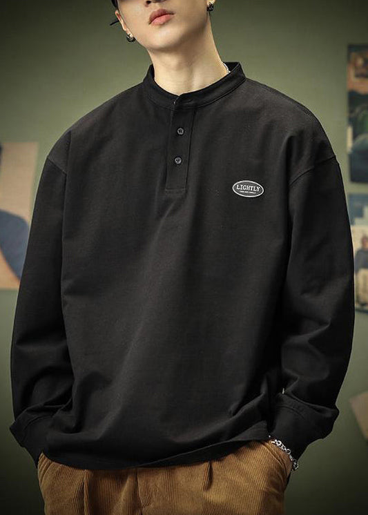 Spring T Men Shirt Cotton Solid Black Button Simple