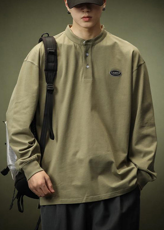 Spring T Men Shirt Cotton Solid Black Button Simple