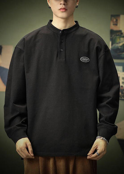 Spring T Men Shirt Cotton Solid Black Button Simple