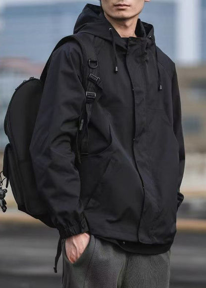 Solid Cotton Simple Hooded Black Pockets Coat Spring Men