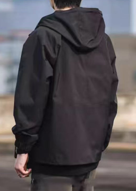 Solid Cotton Simple Hooded Black Pockets Coat Spring Men