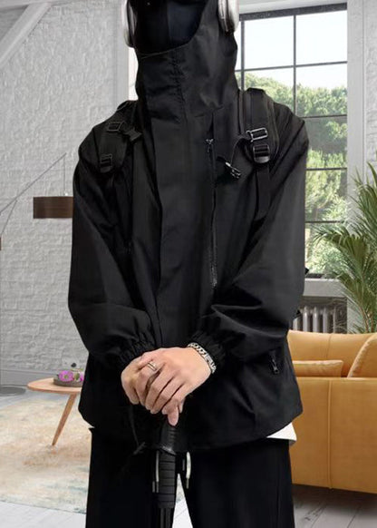 Cotton Black Oversized Zippered Simple Men Hooded Coat Spring