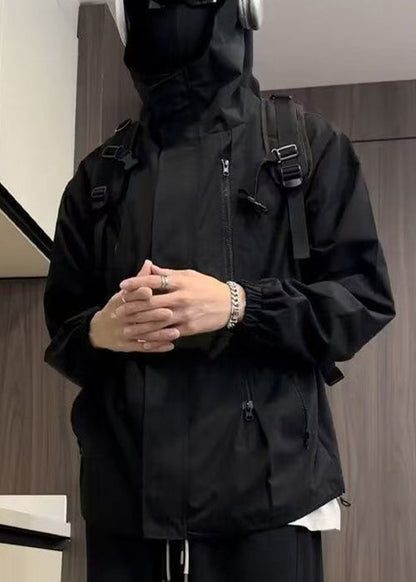 Cotton Black Oversized Zippered Simple Men Hooded Coat Spring