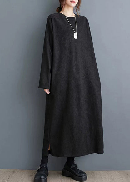 Robe longue simple noire à col rond en coton grande taille pour l'automne OO033