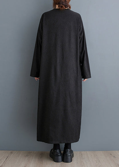 Robe longue simple noire à col rond en coton grande taille pour l'automne OO033