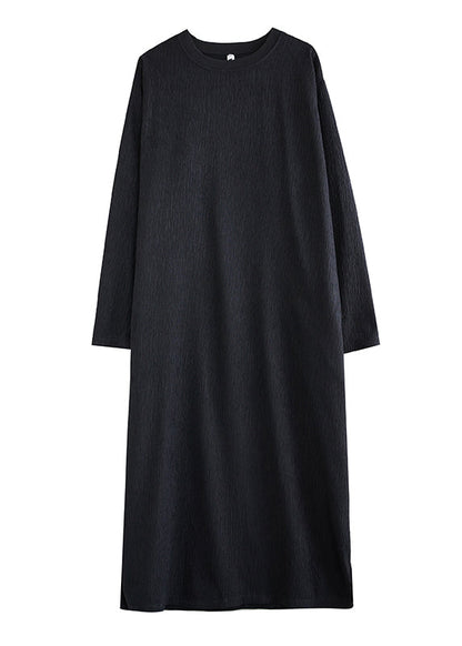 Robe longue simple noire à col rond en coton grande taille pour l'automne OO033