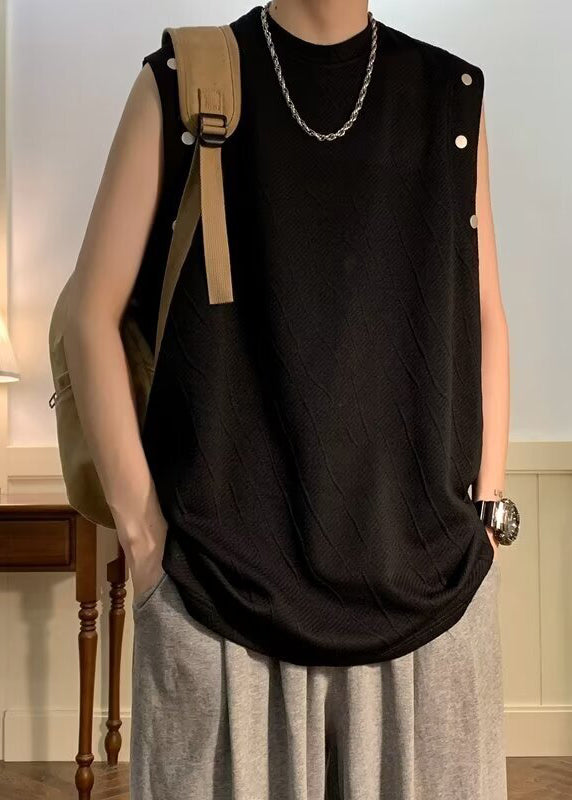 O Neck Cotton Shirts Sleeveless Men Solid Simple Black T