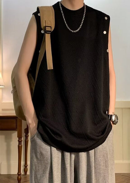 O Neck Cotton Shirts Sleeveless Men Solid Simple Black T