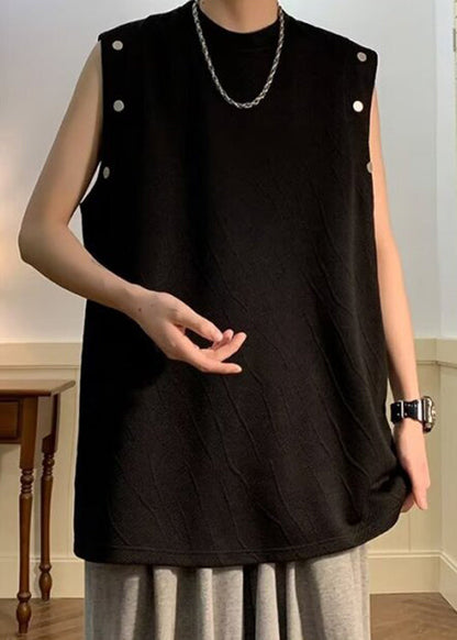 O Neck Cotton Shirts Sleeveless Men Solid Simple Black T