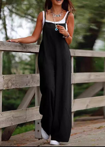 Slash Summer Jumpsuit Simple Patchwork Neck Leg Wide Black
