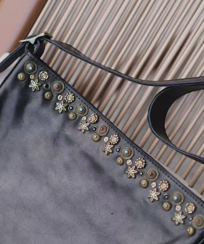 Black Leather Bag Simple Messenger Rivet