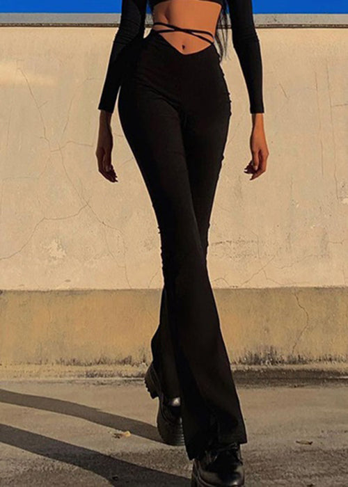 Simple Black Solid High Waist Cotton Flared Trousers Spring YZ069