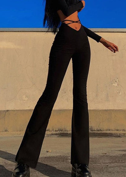 Simple Black Solid High Waist Cotton Flared Trousers Spring YZ069