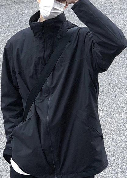 Up Coat Solid Men Zip Spring Simple Cotton Collar Stand Black