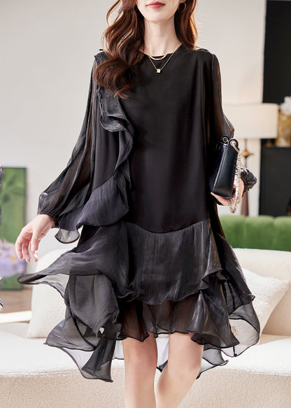 Black Dress Lantern Patchwork Mid Simple Holiday Sleeve Tulle