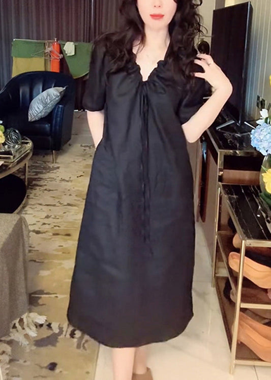 Simple Pockets Black Long Neck Up Summer Dress Linen V Lace