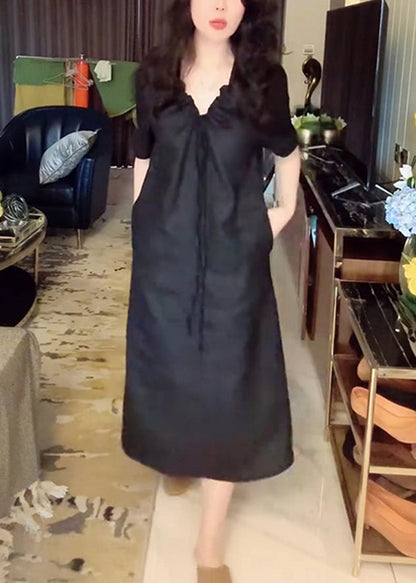 Simple Pockets Black Long Neck Up Summer Dress Linen V Lace