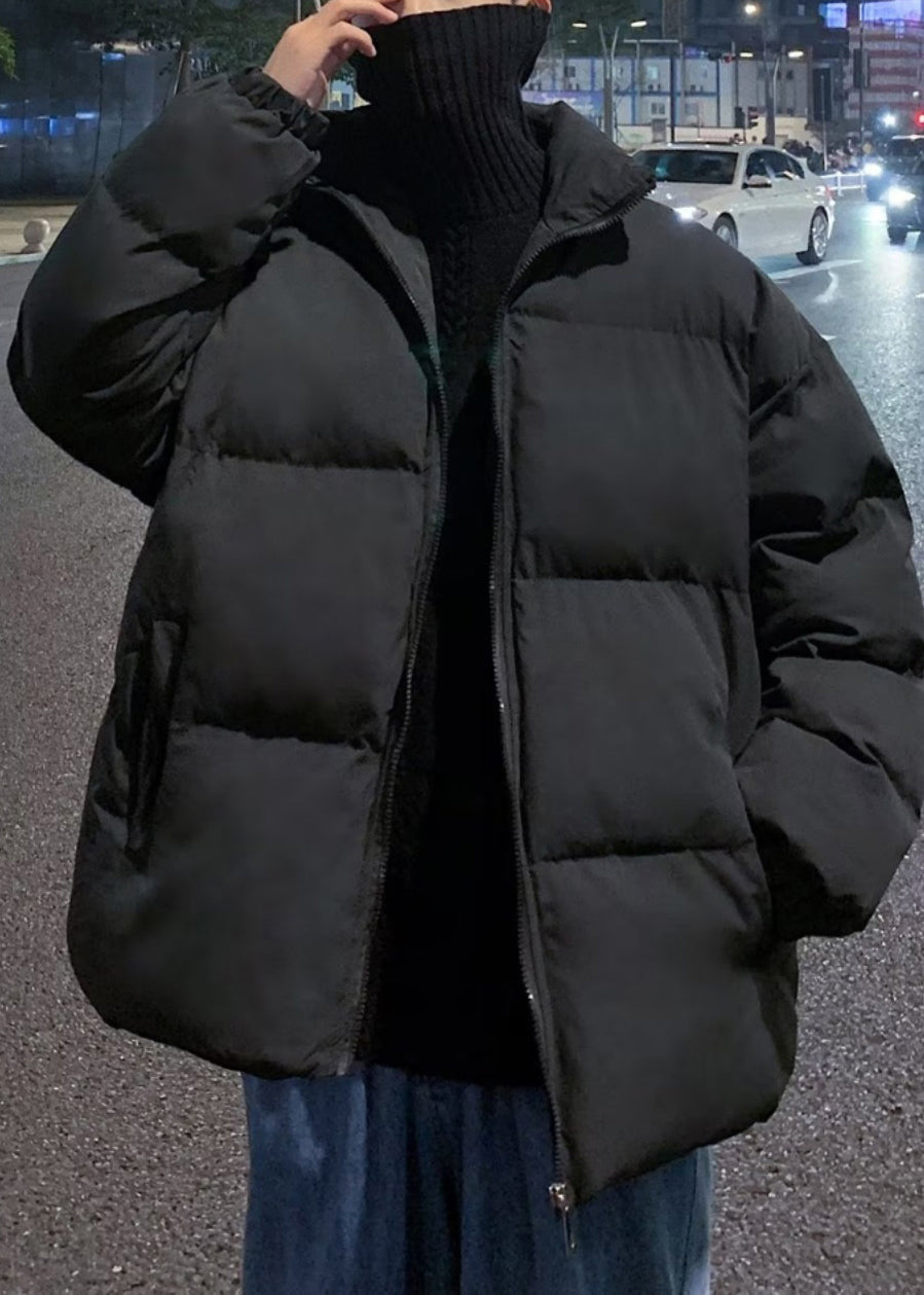 Simple Black Zip Up Pockets Solid Men Parka WinterRM012