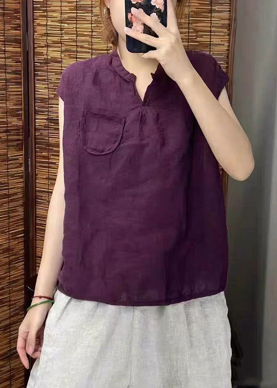 Simple Blackish Linen Neck Sleeveless Green Vests V