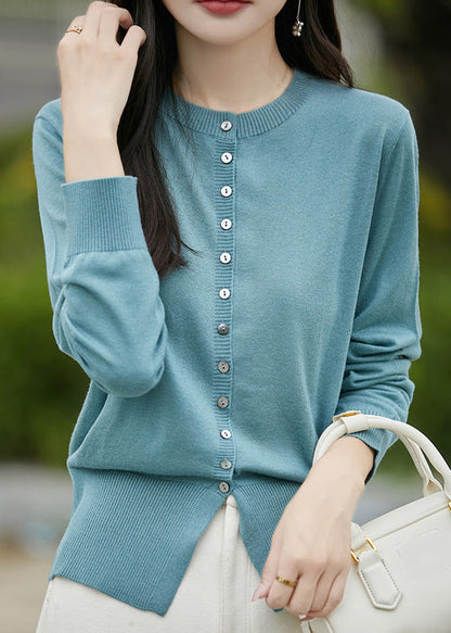 Simple Blue O Neck Button Solid Woolen Coat Spring TF039