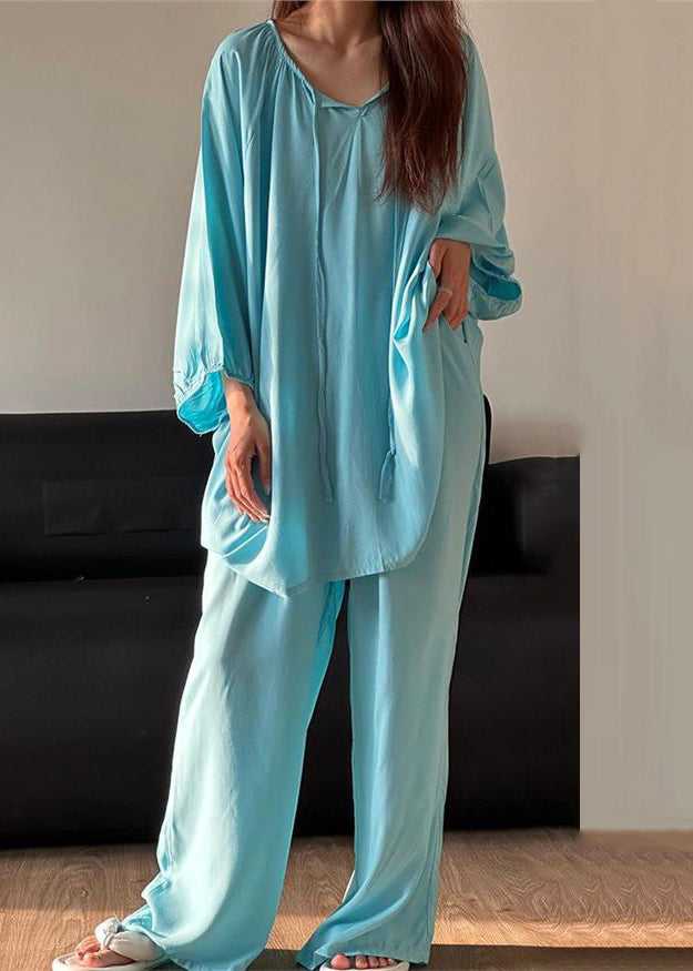 Two Piece O Set Cotton Up Lace Pajamas Blue Neck Simple Solid