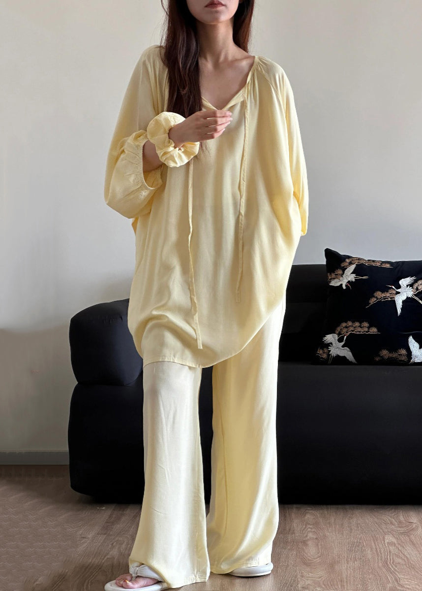 Two Piece O Set Cotton Up Lace Pajamas Blue Neck Simple Solid