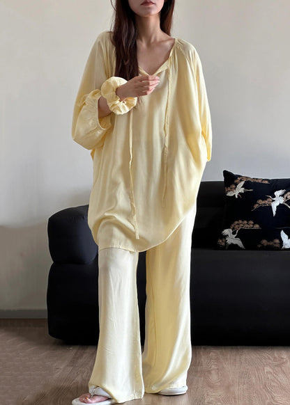 Two Piece O Set Cotton Up Lace Pajamas Blue Neck Simple Solid