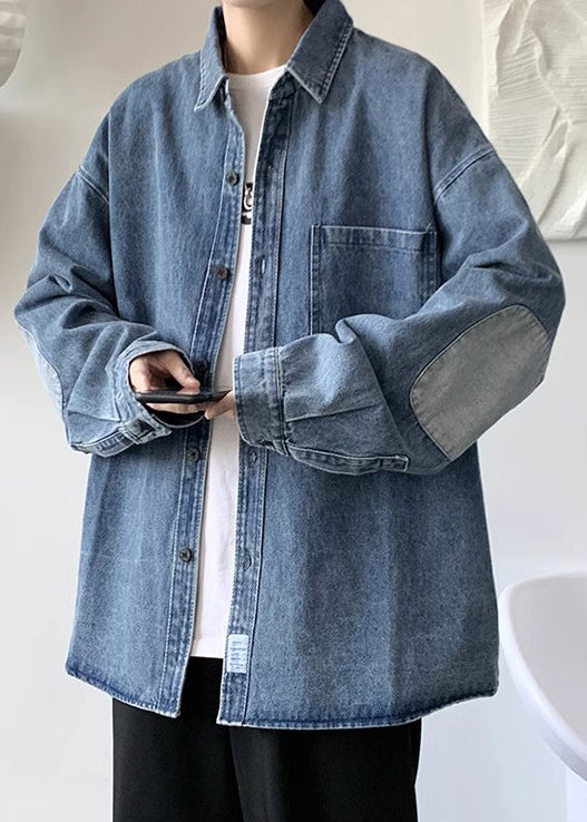Mens Collar Denim Patchwork Blue Simple Peter Shirts Pan Pockets