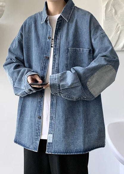 Mens Collar Denim Patchwork Blue Simple Peter Shirts Pan Pockets
