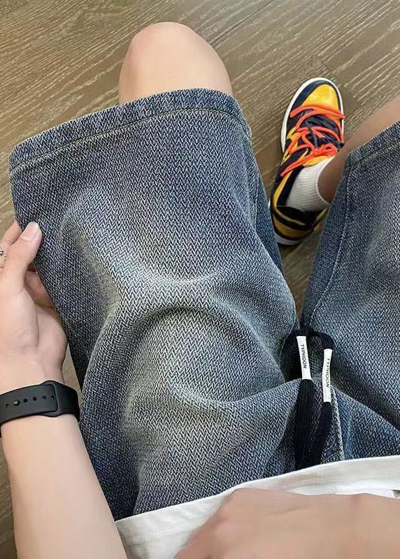 Blue Men Denim Elastic Shorts Waist Simple Summer Pockets