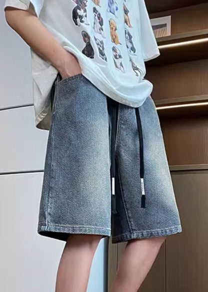 Blue Men Denim Elastic Shorts Waist Simple Summer Pockets