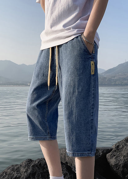 Simple Blue Pockets Elastic Waist Solid Denim Men Crop Pants Summer YL030