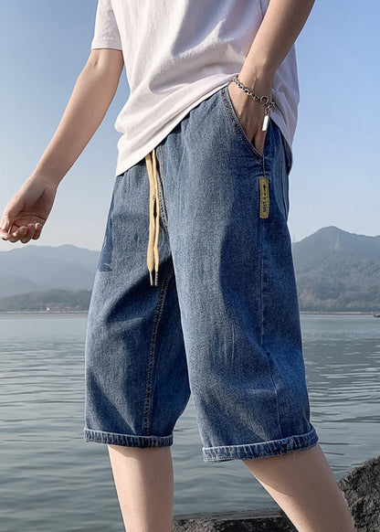 Simple Blue Pockets Elastic Waist Solid Denim Men Crop Pants Summer YL030