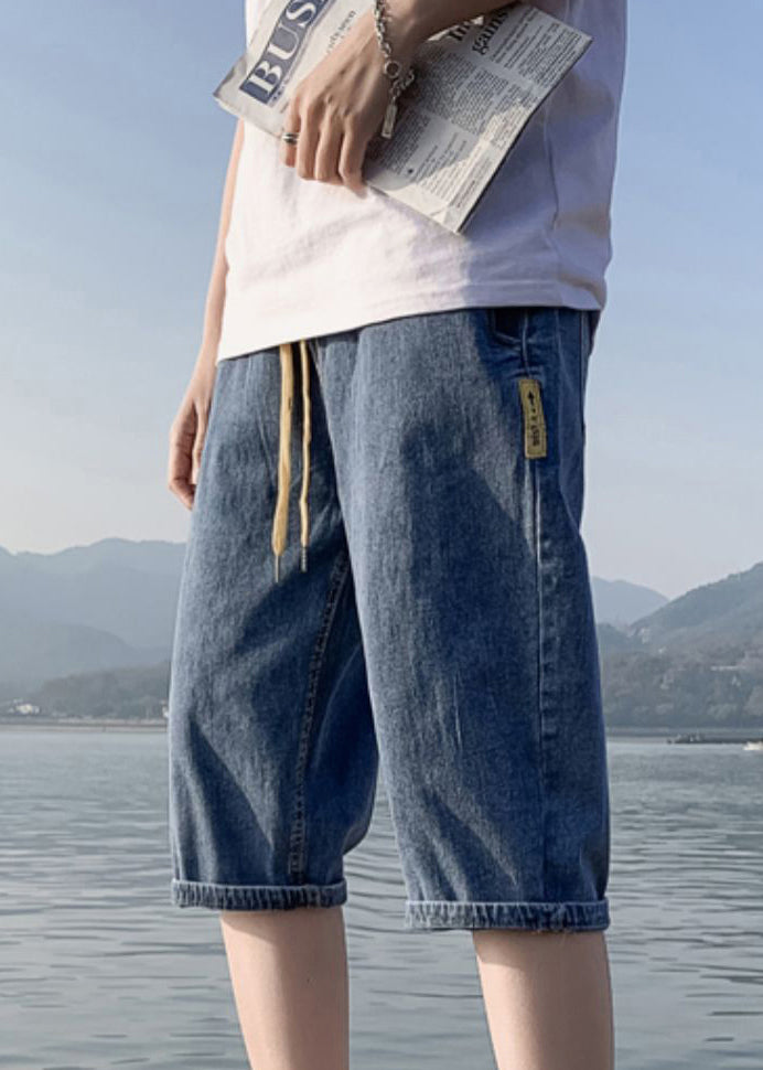 Simple Blue Pockets Elastic Waist Solid Denim Men Crop Pants Summer YL030