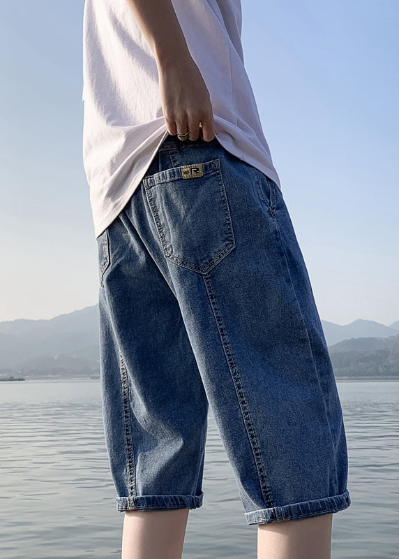 Simple Blue Pockets Elastic Waist Solid Denim Men Crop Pants Summer YL030