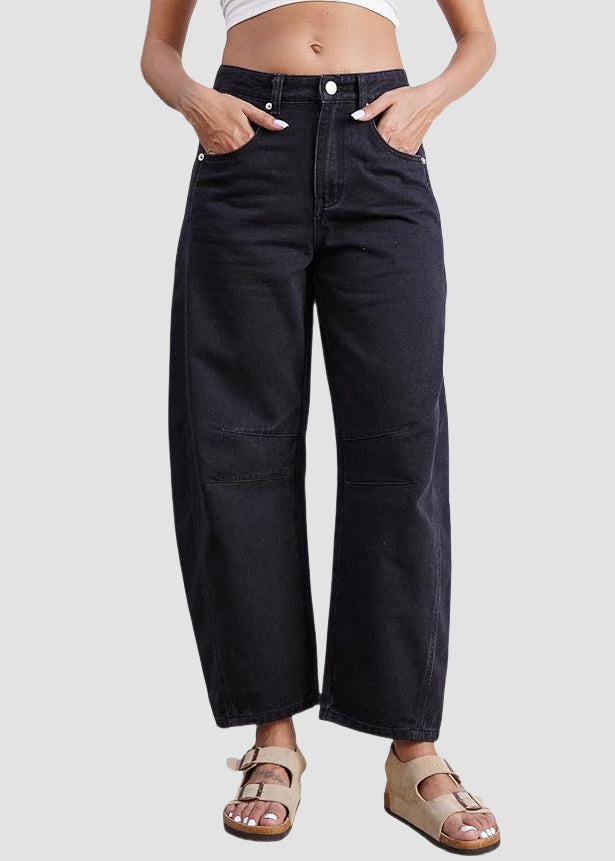 Waist Denim Summer Simple High Pants Blue Crop Pockets