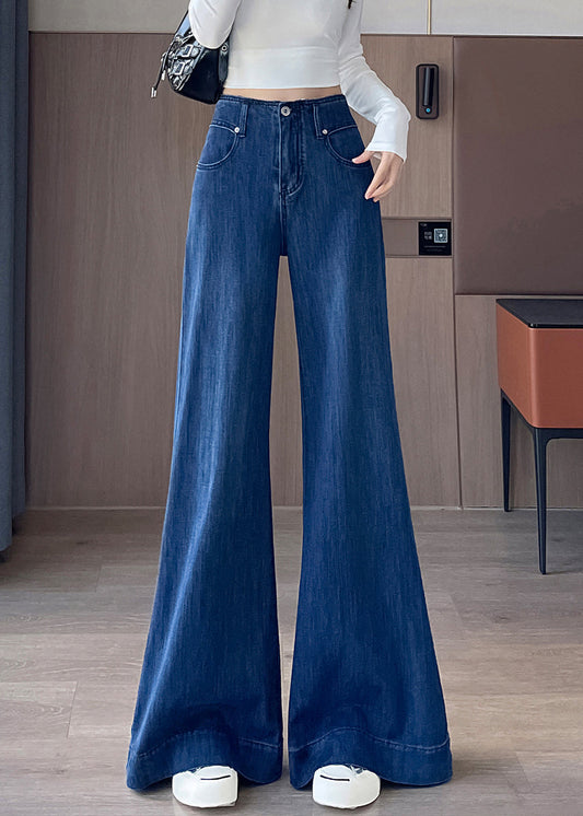 Blue Waist Fall Simple Denim Pockets Trousers High Flared