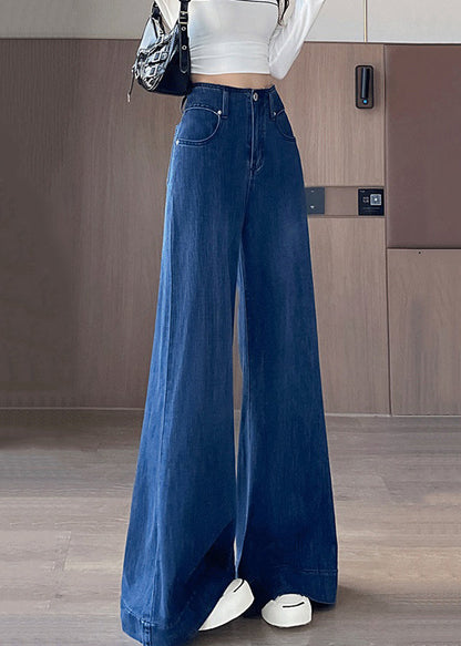Blue Waist Fall Simple Denim Pockets Trousers High Flared