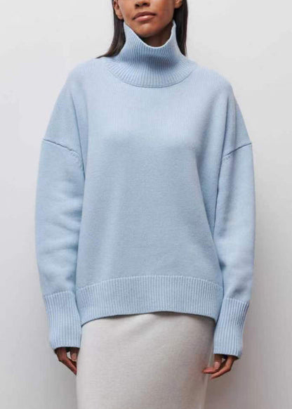Spring Turtleneck Simple Blue Solid Knit Sweaters