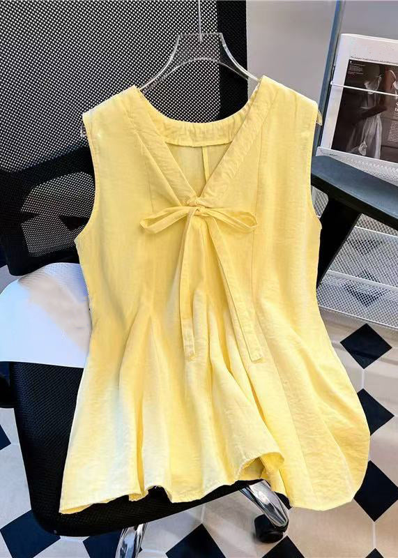 Bow Simple V Solid Cotton Blue Sleeveless Tank Neck