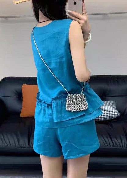 Set Two Blue Sleeveless Neck Linen Simple V Piece Ruffled