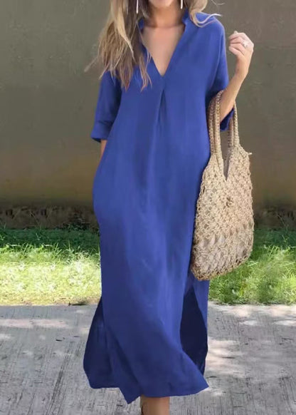 Dress Simple Linen Summer Blue V Side Open Neck Long