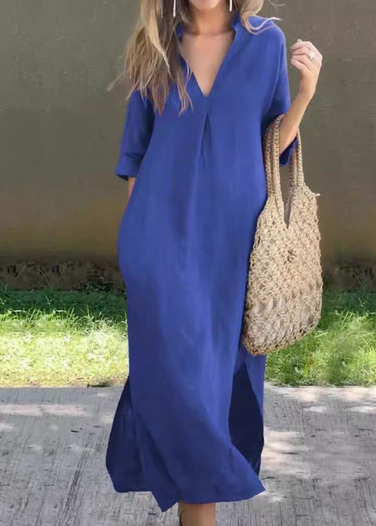 Dress Simple Linen Summer Blue V Side Open Neck Long