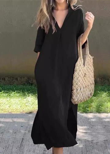 Dress Simple Linen Summer Blue V Side Open Neck Long