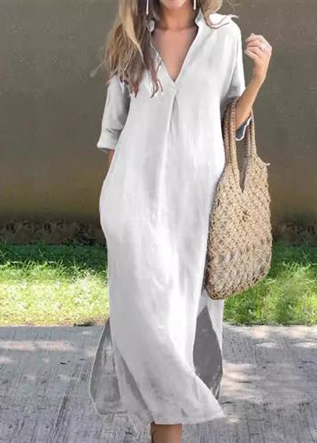 Dress Simple Linen Summer Blue V Side Open Neck Long