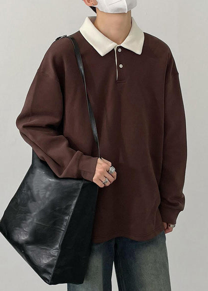 TC023 Spring Cotton Button Simple Shirt Brown Men Polo Patchwork