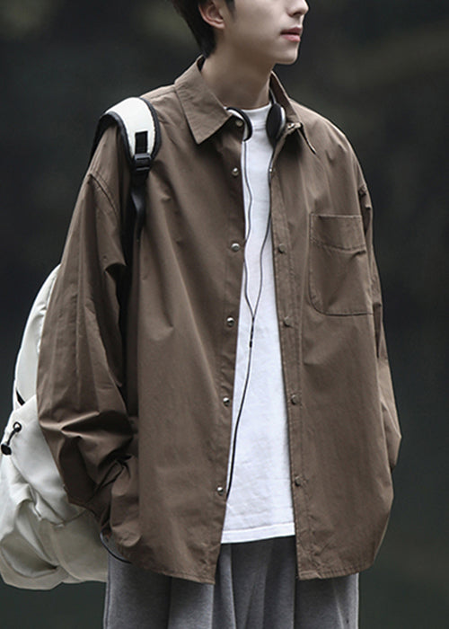 Men Simple Peter Brown Shirts Pan Collar Cotton Spring Button